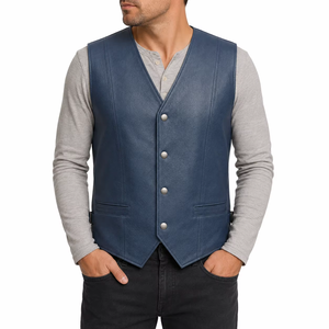 <b>Men's</b> Plus Size Autumn Navy Blue V-Neck Leather Look <b>Vest</b> Casual Outerwear Single Breasted Button Closure 100% Leather Cotton - Product Image 1