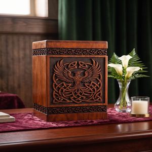 Handcrafted Wooden Cremation Urn Brown Rectangular Memorial <b>Keepsake</b> <b>Box</b> Engraved Phoenix Design for Adult Commemoration - Product Image 2