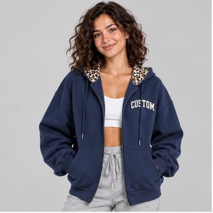 OEM Streetwear <b>Navy</b> Blue Full Zip Hoodie <b>Women</b> Drop Shoulder <b>Fleece</b> Sweatshirt Patchwork Leopard Inner Hood Custom Sweatshirt - Product Image 1