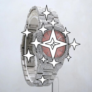 Montre de luxe en acier inoxydable avec cadran rose et accents de diamants, boîtier rond, mouvement à remontage manuel, fermoir pliant - Product Image 2