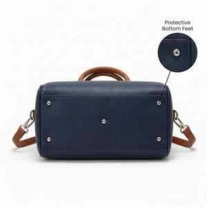 Navy Blue Leather Boston <b>Bag</b> with <b>Tan</b> Handles Zipper Closure Portable Weekender Travel Duffel Mini Speedy <b>Bag</b> Daily Casual Use - Product Image 4