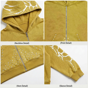 Sudadera con capucha unisex personalizada con cremallera completa, bolsillo con pedrería, lavado mineral, estilo streetwear, estampado gráfico, corte holgado y corto, de forro polar para invierno - Product Image 6