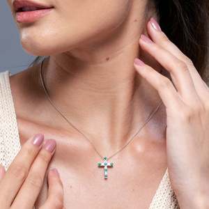 14K Pure Gold IGI Certified Cross <b>Pendant</b> Christmas Gift Flat Prong-Set 2MM 0.27Ctw Green <b>Emerald</b> & 0.18Ct Diamond Cross <b>Pendant</b> - Product Image 5