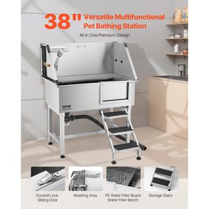Estación de Lavado para Perros de 38 Pulgadas de Acero Inoxidable para Mascotas Pequeñas, Uso Doméstico, Fregadero para Aseo de Mascotas con Grifo de Agua Fría y Caliente y Cabezal de Ducha - Product Image 2