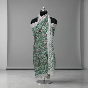 Hand Block Printed Cotton <b>Sarong</b> Green Floral Beach Wrap Scarf Lightweight Summer Cover Up for Women Resort Travel Wear - Product Image 6
