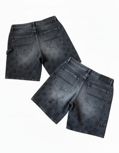Shorts en jean streetwear personnalisés pour hommes, coupe ample, en denim épais, avec lavage vintage et design multi-graphe - Product Image 3
