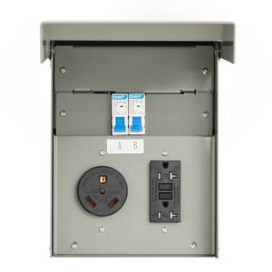 Pannello Pressestazione Elettrica Temporanea con Prese GFCI NEMA da 20 e 30 Ampere Preinstallate per Sistemi Elettrici RV ed EV - Product Image 1