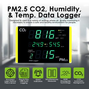 เครื่องวัดอุณหภูมิความชื้นดิจิตอล PM2.5 CO2 ช่วง 0-9999ppm ความแม่นยำสูงเครื่องบันทึกข้อมูลการบันทึกอัตโนมัติ LED นาฬิกาปลุก - Product Image 3