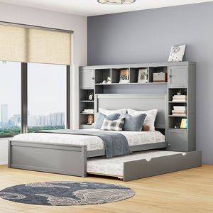 Queen Size Wooden Bed with All-in-One Cabinet Shelf <b>Sockets</b> <b>Twin</b> XL Trundle in Gray - Product Image 2