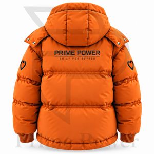 เสื้อแจ็คเก็ตพัฟเฟอร์มีฮู้ดสีส้มสำหรับผู้หญิง ยี่ห้อ Prime Power  หนา อุ่น เหมาะสำหรับฤดูหนาว พร้อมลายปักรูปหัวใจ เสื้อคลุมลำลอง ส่งตรงจากโรงงาน - Product Image 2