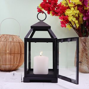 Classic <b>Black</b> Iron Glass <b>Lantern</b> <b>with</b> Pillar <b>Candle</b> Holder Hanging Decorative <b>Lantern</b> for Home Decor Living Room Bedroom - Product Image 4