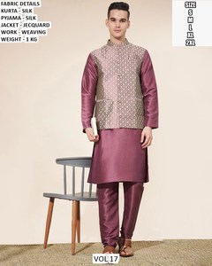 Royal purple Silk Kurta Pajama with Designer Jacquard Nehru Jacket - Product Image 1