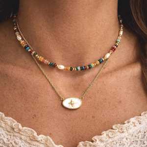 สร้อยคอเงินแท้ 925 ชุบทอง 14K ประดับด้วยลูกปัดพลอยหลากสีและจี้รูปดาวมุก - Product Image 5