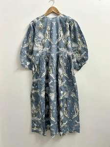 Vestido midi de algodón con estampado de bloques Blue Safari, vestido midi para mujer con mangas abullonadas - Product Image 5