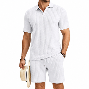 Conjunto de Camiseta Polo Negra Texturizada y Pantalones Cortos para Hombre con Logotipo Personalizado, Traje Deportivo de Verano de Manga Corta, Fabricante de Ropa Deportiva Casual al por Mayor OEM - Product Image 1