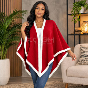 Cosh International Sisterhood Sorority Red Knitted <b>Poncho</b> With White Trim V-Neck Sleeveless Winter Sweater Thick Acrylic Elegant - Product Image 4