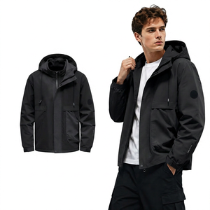 Men's Light Gray Hooded Stand Collar Windproof <b>Zipper</b> <b>Jacket</b> Casual Outerwear with Pockets and Logo Patch on Sleeve - Product Image 3