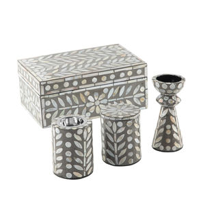Wholesale Luxury Gray <b>Mother</b> of Pearl Inlaid Mabkhar Bakhoor <b>Box</b> and Candle Holder Set in Gift <b>Box</b> from Vietnam - Product Image 1