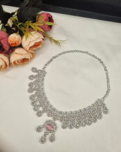 Designer Rhodium Plated Oval Cut CZ Stone <b>Necklace</b> <b>Set</b> With <b>Earrings</b> & Mangtika For Women Ethnic Fashion Jewellery <b>Set</b> Wholesale - Product Image 5