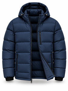 Men's Navy Hooded Puffer <b>Jacket</b> Winter Warm Windproof <b>Casual</b> Zipper Front Solid Color Polyester Wadding Thick Regular Fit - Product Image 2