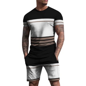 Ensemble t-shirt et short imprimé color block pour homme, col rond, séchage rapide, tenue décontractée d'été - Product Image 1