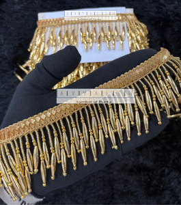 Exquise dentelle tressée dorée Zenith de luxe, écologique, à motif géométrique, à franges de perles zig-zag à passage rapide - Product Image 6