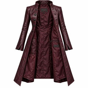 High Low Maroon Leather Trench <b>Coat</b> Asymmetric Hem Button Stand Collar <b>Womens</b> <b>Duster</b> Jacket Custom Oem Odm Factory - Product Image 5