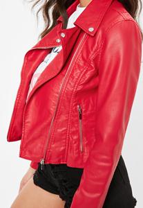 Chaqueta corta de motociclista de cuero rojo personalizada para mujer, de talla grande, a prueba de viento con cuello levantado, forro de nailon transpirable, método de tejido - Product Image 3