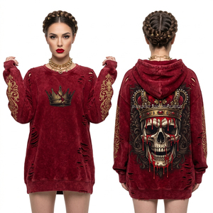 Oversized 400GSM Cloud Wash Blue Hoodie Silver Eye Sleeve Print Skull Rose <b>Back</b> Graphic Heavy Cotton Fleece Pullover Factory - Product Image 4