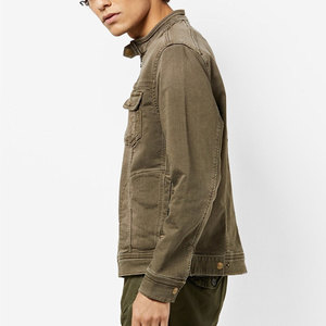 <b>Men's</b> Olive <b>Canvas</b> Shirt <b>Jacket</b> Stand Collar Zipper Closure Workwear Style Regular Fit Autumn Wear - Product Image 2