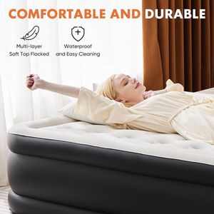 Matelas pneumatique double/grand lit avec pompe intégrée, gonflage rapide, support 660 lbs, confort supérieur, surface floquée, 16/18/22 pouces, noir - Product Image 3