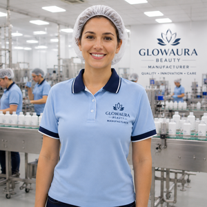 GLOWAURA Fabricant de produits de beauté pour la personnalisation de logos sur chemises |   Vêtements de travail pour usine de cosmétiques haut de gamme, jersey respirant tricoté - Product Image 1