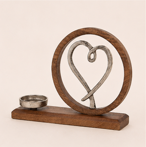 Handmade Rustic Heart Shaped Wooden Candle Holder With Polished Metal Aluminum Accent Vintage Mango Wood <b>Tea</b> Light <b>Stand</b> On Sale - Product Image 3