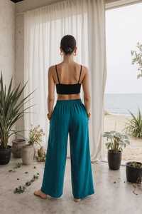 Women's Teal Wide Leg Pants High Waist Elastic Loose Fit Full Length Solid Color Bohemian Summer Style With Pockets - Product Image 6