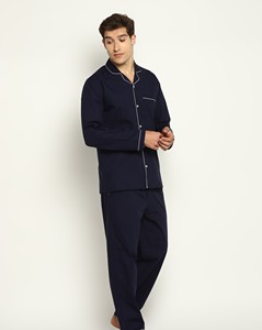 Navy 100% Cotton Breathable Knitted Lightweight Long Sleeve Men's Night <b>Suit</b> with White Navy Home Wear - Product Image 2