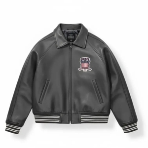 Veste de baseball style Avirex grise, livraison directe, New York, États-Unis |   Cuir de vache véritable, cuir de vachette de qualité supérieure et taille personnalisée sur mesure - Product Image 1