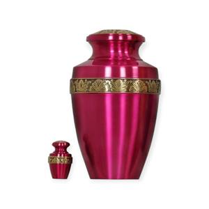 Urne funéraire métallique rouge foncé pour adulte avec élégant motif doré et mini urne souvenir assortie pour cendres commémoratives - Product Image 1