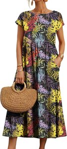 Women's Hawaii Tropical Floral Novelty <b>Dress</b> Crew Neck Short Sleeve <b>Plus</b> <b>Size</b> Casual <b>Dresses</b> <b>with</b> <b>Pockets</b> - Product Image 3