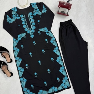 Elegante Conjunto de Kurti y Pantalón de Seda Romana con Bordado de Hilo, Prendas Festivas Cómodas y Completamente Cosidas - Product Image 3