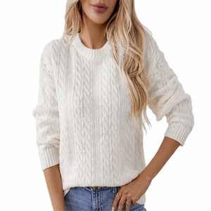 Pull en maille torsadée pour femme, col rond, manches longues, décontracté, coupe ample, pour l'automne, avec poignets côtelés - Product Image 1