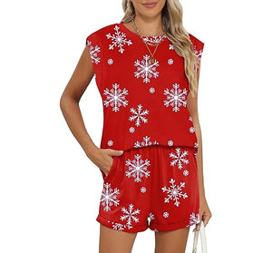 Conjunto de 2 piezas de pantalones cortos para mujer, sin mangas, cuello redondo, estampado de copo de nieve, rojo, informal, holgado, con bolsillo, conjunto de invierno - Product Image 2