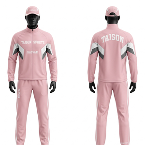 Survêtement de course pour homme en tissu polyester et élasthanne, couleur rose, panneaux contrastés sur les bras, logo personnalisé par sublimation. - Product Image 1