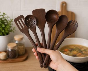 Juego de Utensilios de Cocina de Madera de Acacia y Teca, Resistentes al Calor, Ecológicos, Antiadherentes, Aptos para Lavavajillas y Horno, Solo Lavar a Mano - Product Image 2