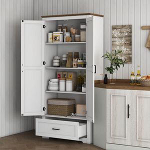 "White Freestanding <b>Kitchen</b> <b>Pantry</b> Cabinet with 2 Doors & Adjustable Shelves" - Product Image 2