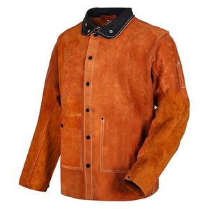 Heavy Duty Split Leather Welding Work <b>Coat</b> Long Sleeve <b>Stand</b> Collar Front Button Welder Jacket Industrial Workshop Apparel - Product Image 1