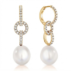 Magnifiques boucles d'oreilles en perles éblouissantes avec des perles de 13 mm, serties d'or massif 10K, 14K, 18K et de diamants ronds brillants, poids total des pierres 1,25 carat. - Product Image 4