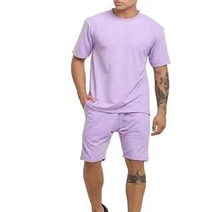 Fasmic International Men's Lavender Gradient Color T-Shirt Shorts <b>Set</b> Crew Neck Casual Winter Breathable 2 Piece <b>Knitted</b> Cotton - Product Image 1