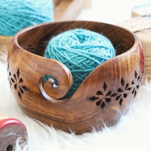Wooden Yarn <b>Bowl</b> Rustic Carved Floral <b>Bowl</b> Design Design Durable Hand <b>Knitting</b> Crochet Holder with Cutout Feature - Product Image 1