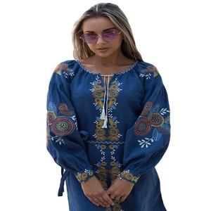 Robe d'été Kaftan pour femme, 100% Lin, longueur genou, à manches longues bouffantes, brodée, style ethnique ukrainien, élégante et décontractée, pour les fêtes - Product Image 1