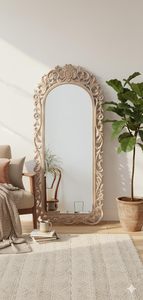 Miroir sur pied décoratif vintage en bois sculpté, pleine longueur, style antique classique bohème, design ferme, pour chambre à coucher - Product Image 1